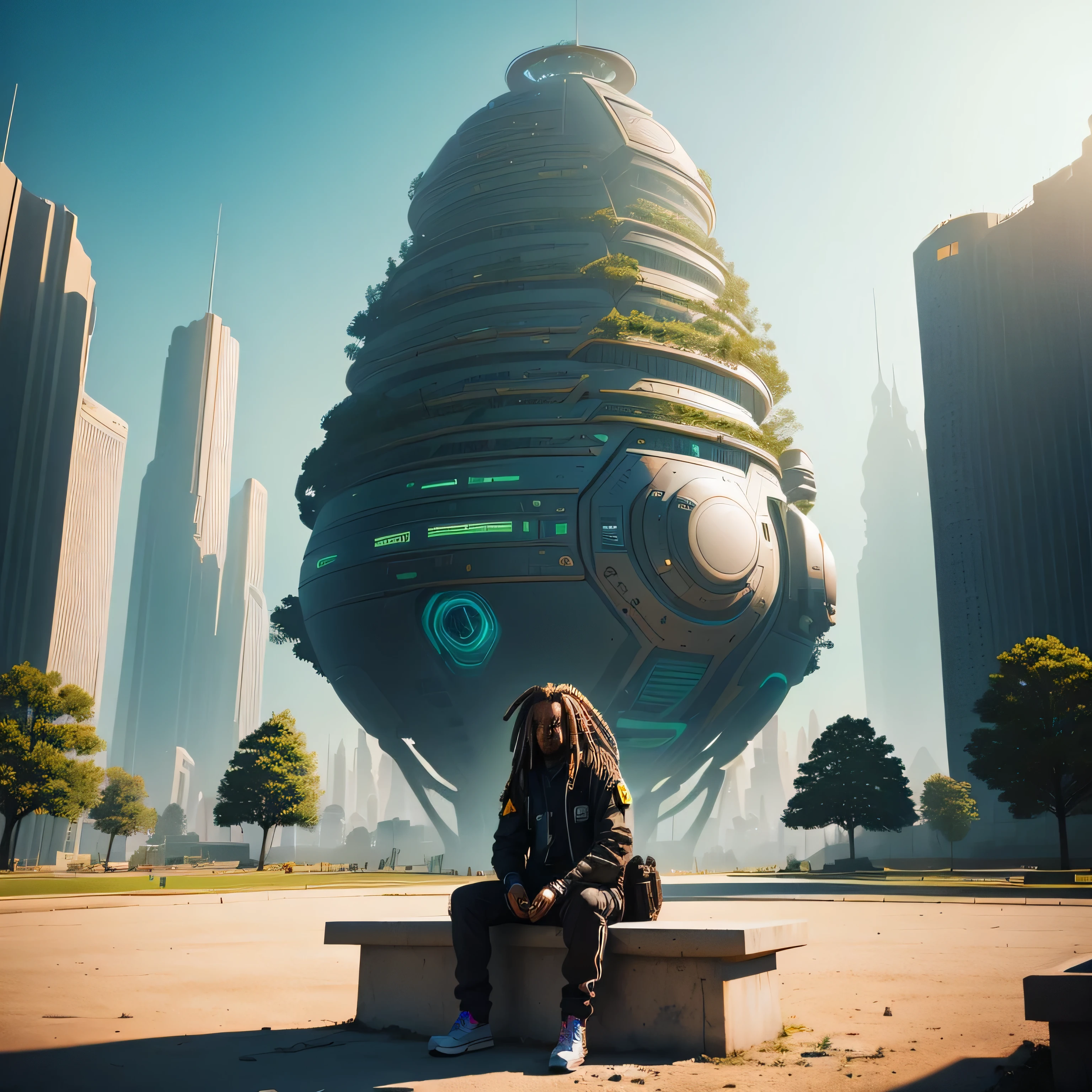 there is a man with dreadlocks sitting in front of a futuristic city, In front of a sci-fi cityscape, Jorge A. tsoukalos, in a park on a alien planet, in a park on a alien planet, Eric Parker, Greg Beeple, inspirado por Mike "bipe" Winkelmann, in a castle on an alien planet