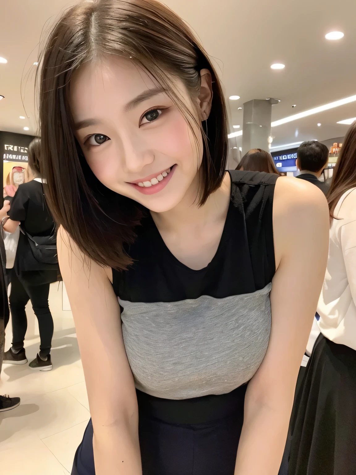 one person、Smiling while shopping、Wearing makeup、fun、17 years old、whole body、slender、woman、White drool coming out of the mouth、Short hair, fair skin,ponytail、Super cute、Soft and Face、Brown Hair、8k resolution、Surreal、Ultra high definition、 Soft Body Tight Ass Night、A-cup small breasts（（Highest resolution、8k、masterpiece：1.3））、Ultra-fine face、Ultra Fine Lips、Beautiful Eyes、double eyelid,Girls&#39; High 、Navy blue lender body type、I can see your thighs、Shapely small breasts、