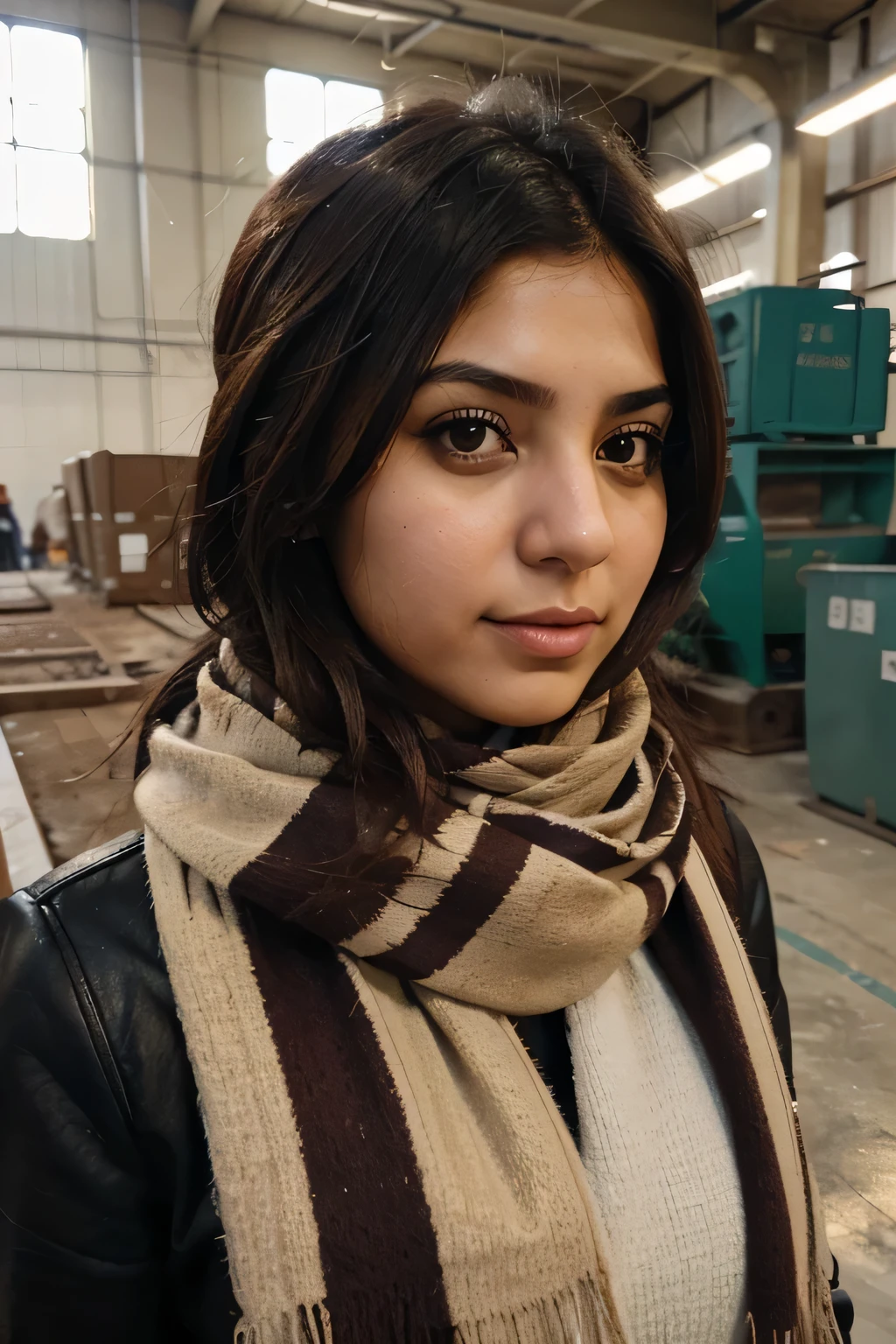 Young Iranian lady co worker islmaic type portraite photo using for profile of whats app front of camera in a big factory with scarf