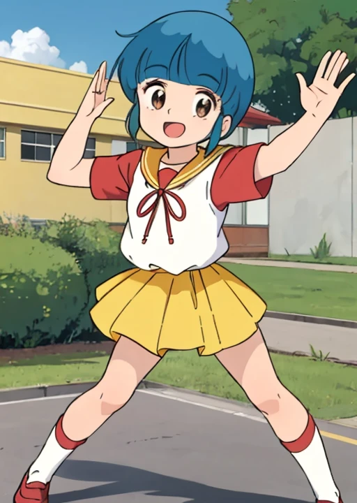 masterpiece, best quality,,1girl, morisawa,school zone,outdoor,red inner  Tshirt,active pose,happy