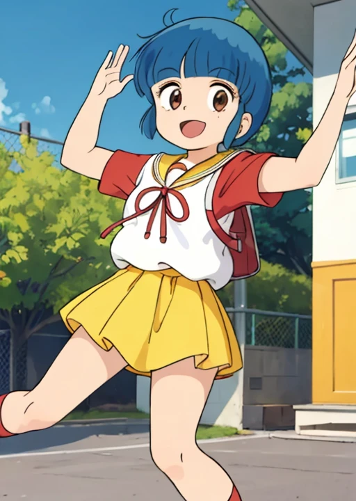 masterpiece, best quality,,1girl, morisawa,school zone,outdoor,red inner Tshirt,active pose,happy