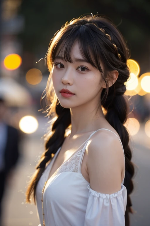 best quality, Reality, 1 Girl, Miss,(Dentate skin), Mid-chest, (bright), (Professional lighting, Bokeh), (street), people, crowd, Braided Bangs, (Women's shirts:1.5), (Wear:0.8), Gorgeous, Bloom, Flowing hair, (Dynamic poses:0.6) , soft light,