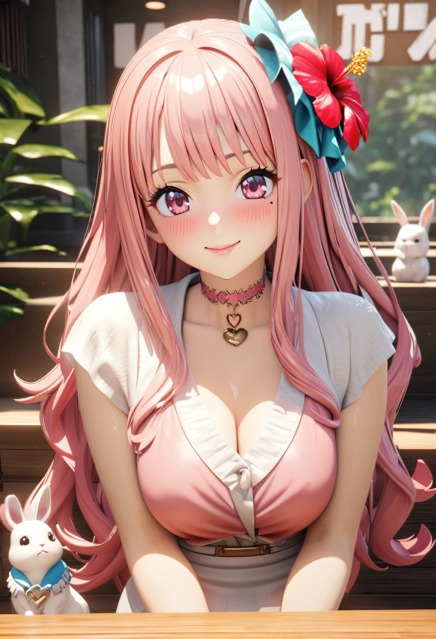 masterpiece, highest quality, Very detailed, High resolution, An expensive solution, High resolution, 4K, 8k, unity 8k wallpaper, Very detailed CG, masterpiece, 2D, 3D, Beautiful details, depth, Fine texture, highest quality: 1.3, Total concentration, Crisp skin, he, Very cute anime rabbit, A cute rabbit like an idol, expensive pink long hair, One Girl, Aloha One Piece, morning, morning食, hibiscus hair accessory, Smiling long pink hair, whole body, Mole under the eye, Line Sight, expensive, blush, Lips parted, heart, Pink Eyes, choker