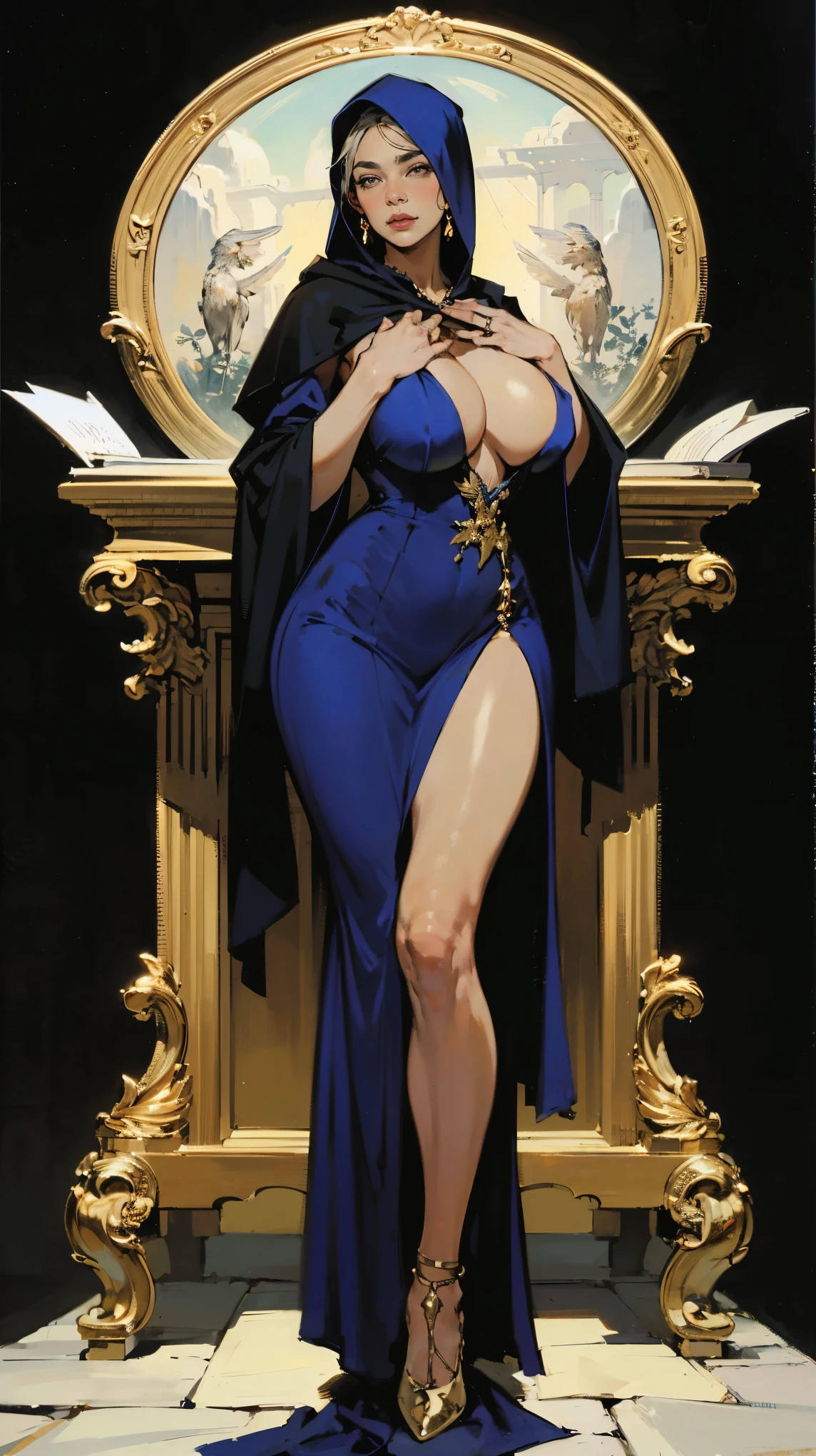 NSFW, best quality (4K, high resolution, masterpiece:1.2), ultra-detailed, realistic (photo-realistic:1.37), Ilaria, the Reverend Mother of the Holy Faith, authoritative spiritual guide, portrait, ((alluring milf)), (attractive mature woman), ((wearing elegant deep blue robes with golden embroidery signifying her high rank)), ((Perfect round and perky breasts)), ((provocative and formfitting costume)), wise yet soulful gaze, deep brown eyes, poised stance, ((elegant silver hair coiled under her hood)), serene and commanding aura with a hint of wisdom, deep blue and gold color scheme, sharp focus, perfect, sacred lighting, confident, serene demeanor, emotive smile, powerful divine magic and spiritual energy radiating from her eyes, holy temple with a peaceful, inspiring background, tranquil yet empowering atmosphere, inspired by fantasy art and divine mythology, emphasizing her allure, wisdom, and spiritual authority, meticulous attention to facial details showcasing her age and wisdom, striking visual impact, expressive yet authoritative facial features, supernatural elements blended with a serene reality, (exceptionally detailed:1.3), super finely detailed and gentle hands, ultra finely detailed fingers (ten fingers), suggestive, inspiring posing, full body showcase, no logos in the background.