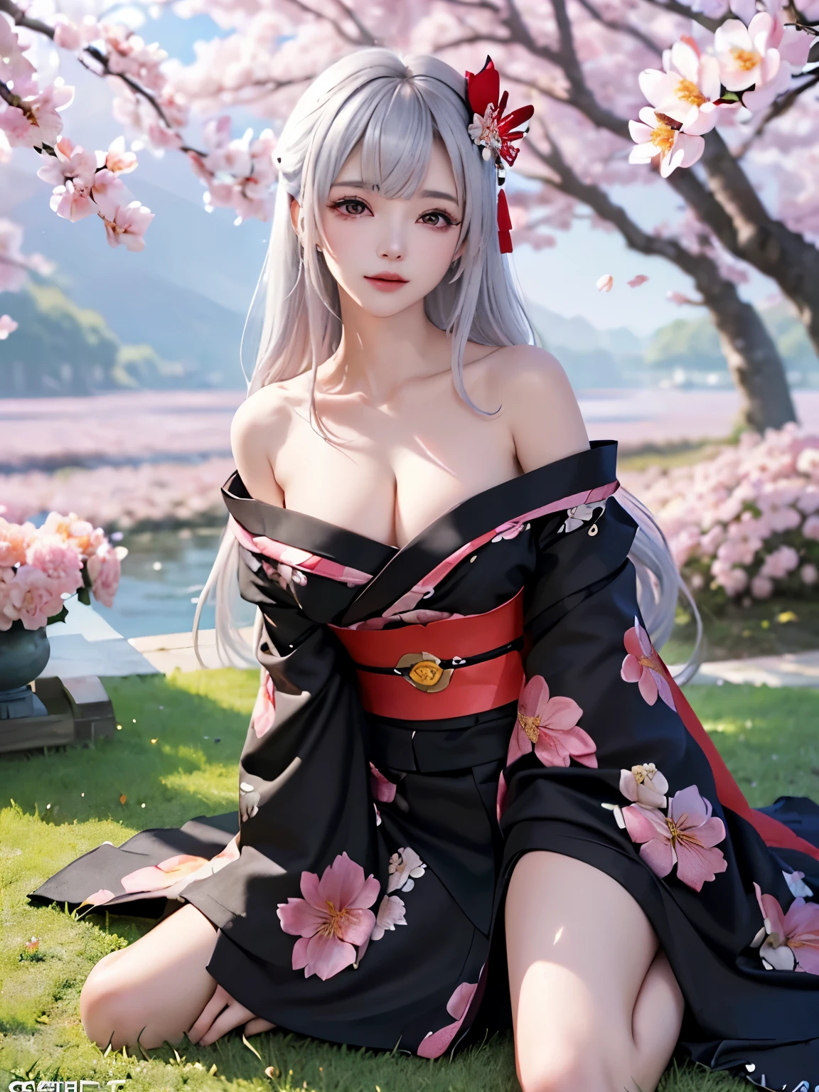 ((alone、A woman wearing a kimono with a flower pattern loosely、Woman posing elegantly while sitting:1.4、Detailed face、Bright expression、Younger, brighter, whiter skin、Best Looks、The ultimate beauty、Silver hair with dazzling highlights、Shiny bright hair,、arranged hairstyle:1.2、髪がWindで踊る))(Cherry tree、Surrounded by cherry blossoms、Wind、幻想的なWind景、)((Off-the-shoulder style、Exposing shoulders、Expose the neck、Exposing cleavage:1.2))The sleeves of the kimono are connected((Black kimono with floral pattern and red obi:1.3)With kissel
