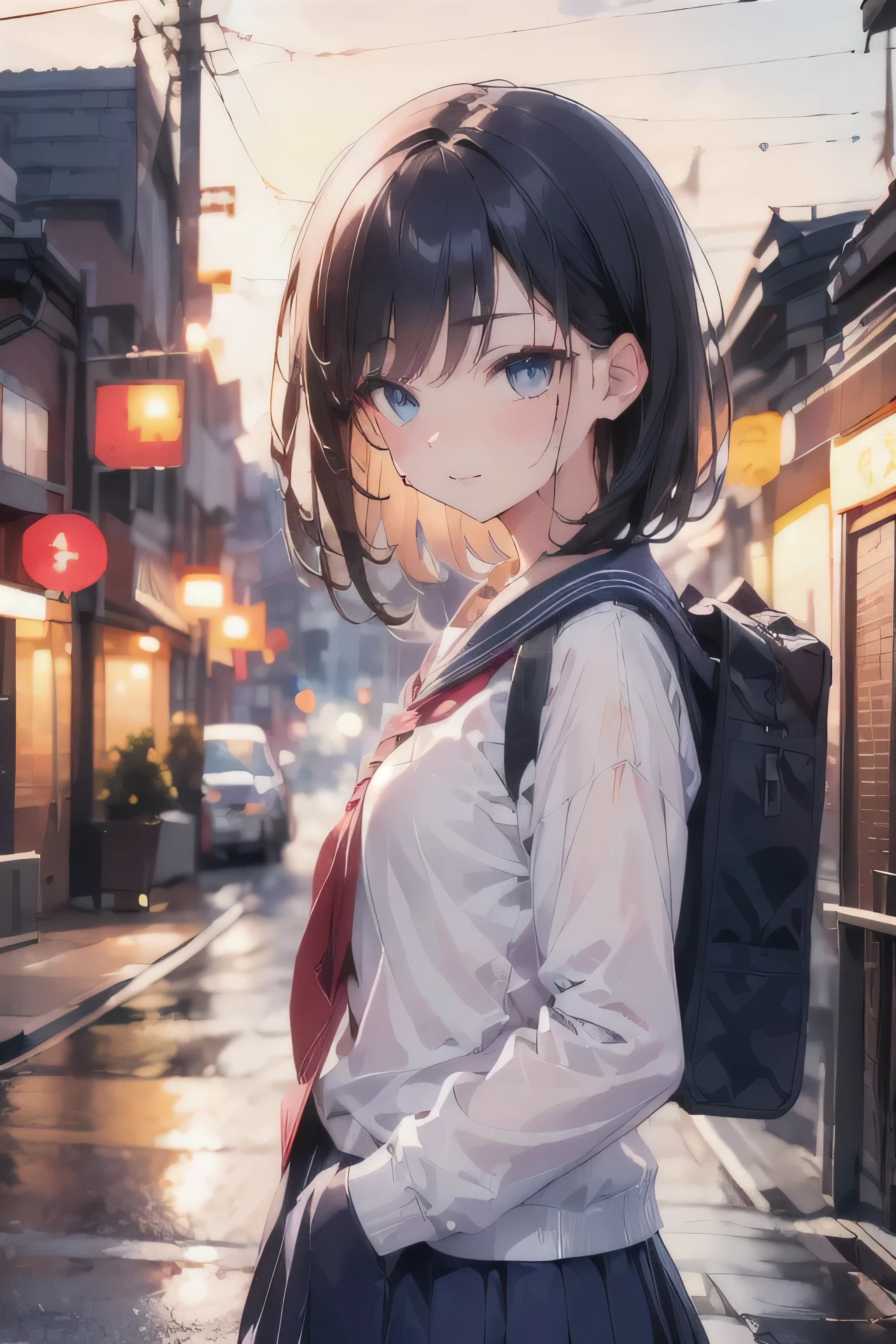 8k, masterpiece, highest quality, One Girl, semi-long, The background is Tokyo at night, A girl standing in the center of town, More backgrounds, spring, high school student, uniform, Warm colors, school bag, school bag, Accurate and highly detailed backgrounds, cute, Detailed face, fine grain, Beautiful Eyes, Facing forward、Looking at the viewer diagonally below, Put your hands in your pockets, Black Hair, Holding up the middle finger,
