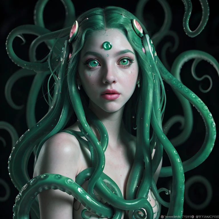 cinematic photo of a pale girl with aqua octopus tentacles in her hair, beautiful octopus woman, perfect cute face, portrait of an octopus goddess, beautiful futuristic hair style, medusa's long flowing hair, portrait of teenage medusa, green eyes, some tentacles are touching her , octopus goddess, tentacles growing from her face, covered in tentacles, young as jellyfish, beautiful female gorgon,(Close portrait:1.3),(feminine:1.4),(beautiful:1.4),(attractive:1.3),beautiful,pose calendar,perfectly detailed eyes,studio lighting,themed background. 35mm photography, film, Bokeh, professional, 4K, Highly detailed