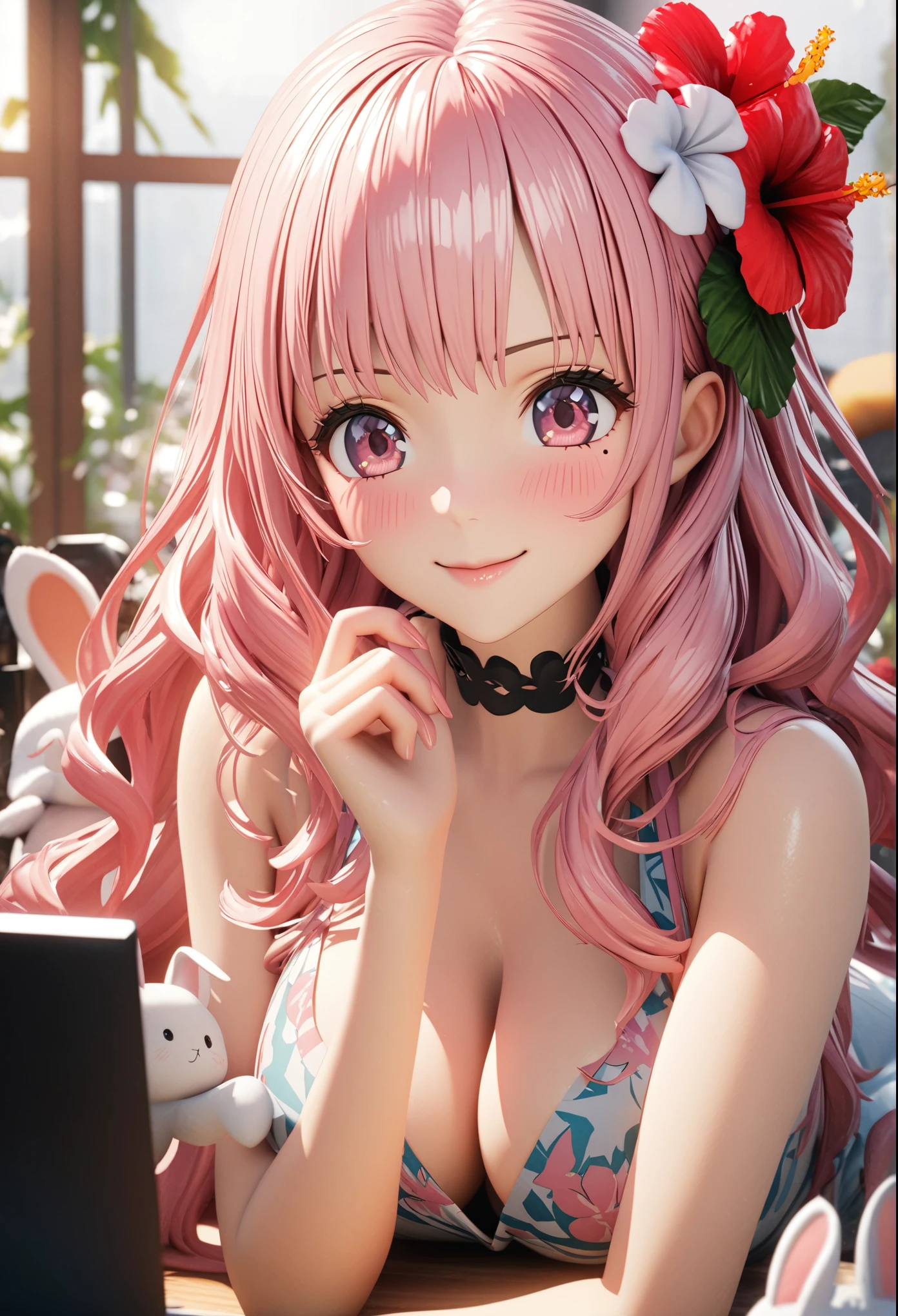 masterpiece, highest quality, Very detailed, High resolution, An expensive solution, High resolution, 4K, 8k, unity 8k wallpaper, Very detailed CG, masterpiece, 2D, 3D, Beautiful details, depth, Fine texture, highest quality: 1.3, Total concentration, Crisp skin, he, Very cute anime rabbit, A cute rabbit like an idol, expensive pink long hair, One Girl, Aloha One Piece, morning, morning食, hibiscus hair accessory, Smiling long pink hair, whole body, Mole under the eye, Line Sight, expensive, blush, Lips parted, heart, Pink Eyes, choker