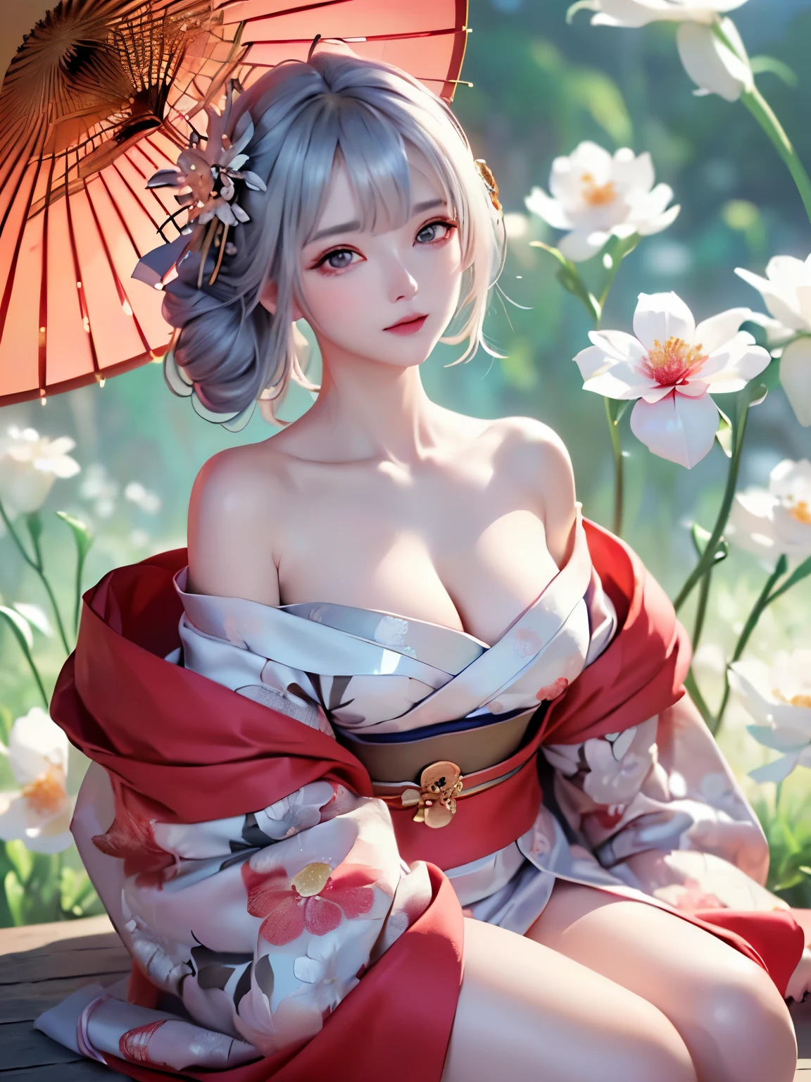 ((alone、Flower patternの着物を着崩して着た女性、Woman posing elegantly while sitting:1.4、Detailed face、Bright expression、Younger, brighter, whiter skin、Best Looks、The ultimate beauty、Silver hair with dazzling highlights、Shiny bright hair,、arranged hairstyle:1.2、髪がWindで踊る))(Surrounded by flowers、Wind、幻想的なWind景、)((Off-the-shoulder style、Exposing shoulders、Expose the neck、Exposing cleavage:1.2))The sleeves of the kimono are connected((Black kimono with red obi、Flower pattern:1.3)