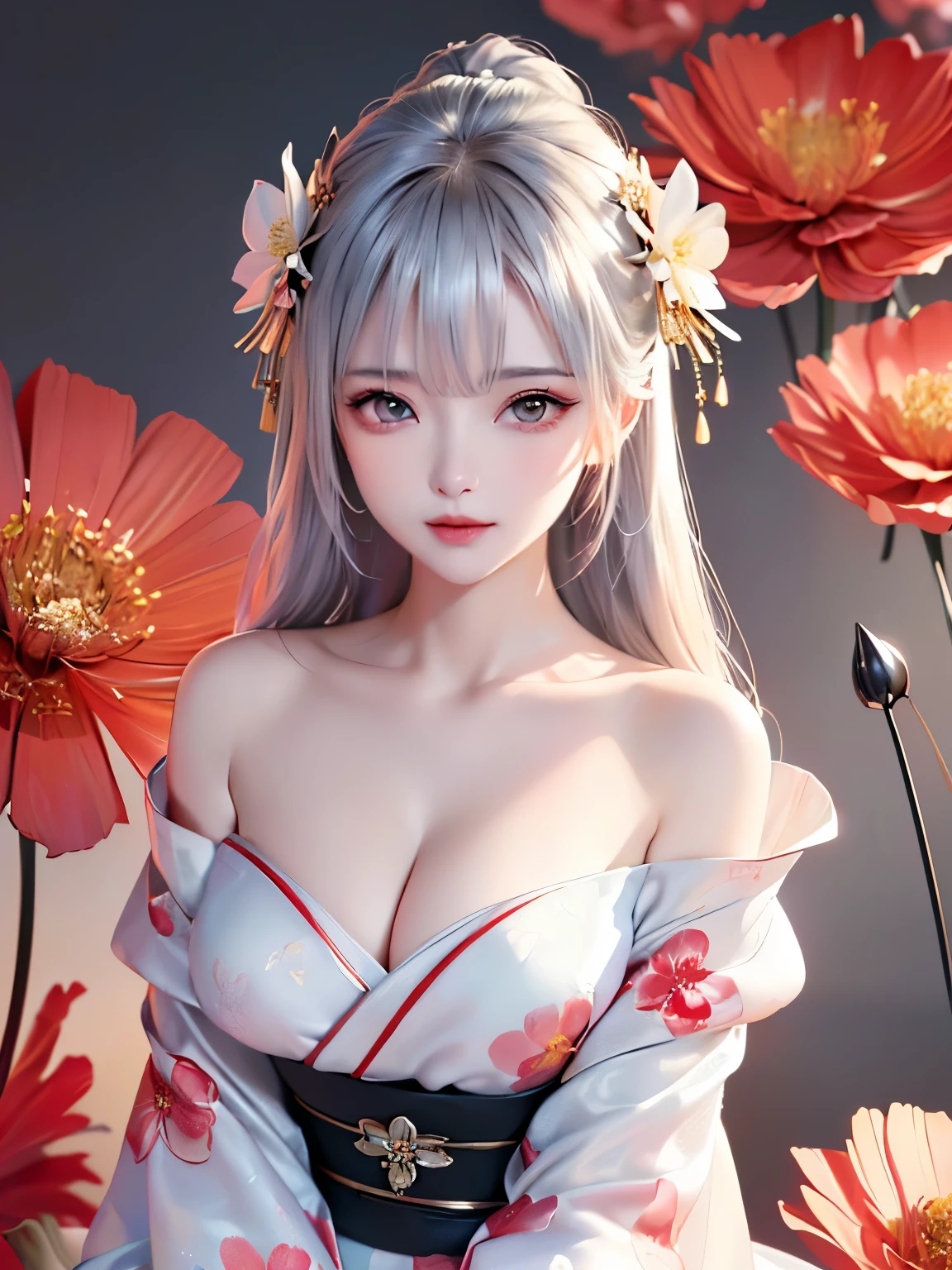 ((alone、Flower patternの着物を着崩して着た女性、Woman posing elegantly while sitting:1.4、Detailed face、Bright expression、Younger, brighter, whiter skin、Best Looks、The ultimate beauty、Silver hair with dazzling highlights、Shiny bright hair,、arranged hairstyle:1.2、髪がWindで踊る))(Surrounded by flowers、Wind、幻想的なWind景、)((Off-the-shoulder style、Exposing shoulders、Expose the neck、Exposing cleavage:1.2))The sleeves of the kimono are connected((Black kimono with red obi、Flower pattern:1.3)