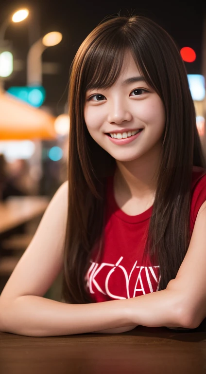 Tabletop, highest quality, 8k, 18-year-old, RAW Photos, Absurd, Award-winning portrait, smile, smile, alone, night, neon, Idol's face, Violet, Gardenias, Delicate girl, Full body photo, Standing posture、Model Body Type、Digital SLR, View your viewers, Frank, Sophisticated, Zola々right, Thin arms, Professional Lighting, Film Grain, chromatic aberration, (Eyes and facial details:1.0), (Bokeh:1.1) , Shoulder out、タイトなSee-throughワンピース、See-through、Off the shoulder