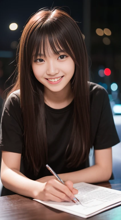 Tabletop, highest quality, 8k, 18-year-old, RAW Photos, Absurd, Award-winning portrait, smile, smile, alone, night, neon, Idol&#39;s face, Violet, Gardenias, Delicate girl, Full body photo, Standing posture、Model Body Type、Digital SLR, View your viewers, Frank, Sophisticated, Zola々right, Thin arms, Professional Lighting, Film Grain, chromatic aberration, (Eyes and facial details:1.0), (Bokeh:1.1) , Shoulder out、タイトなSee-throughワンピース、See-through、Off the shoulder