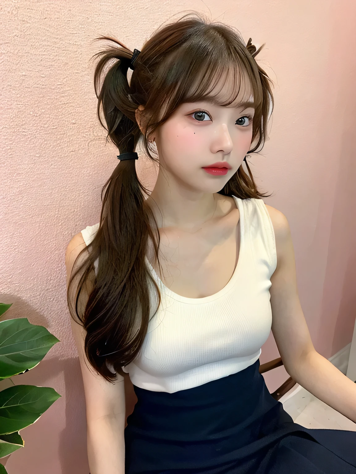 one person、17 years old、whole body、slender、woman、White drool coming out of the mouth、Blonde、Twin tails、  Fair skin, messy hair, super cute、Soft and Face、Brown Hair、8k resolution、Surreal、Ultra high definition、 Soft Body Tight Ass Night、A-cup small breasts（（Highest resolution、8k、masterpiece：1.3））、Ultra-fine face、Ultra Fine Lips、Beautiful Eyes、double eyelid,Pink wall、Navy blue open front shirt、Navy blue mini skirt、I can see your thighs、Shapely small breasts、Sitting in a chair、