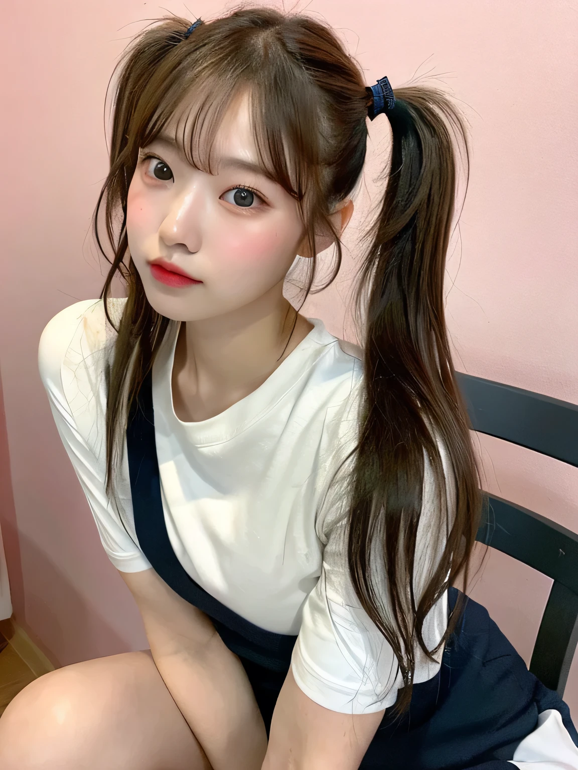 one person、、whole body、slender、woman、White drool coming out of the mouth、Blonde、Twin tails、 Fair skin, messy hair, super cute、Soft and Face、Brown Hair、8k resolution、Surreal、Ultra high definition、 Soft Body Tight Ass Night、A-cup small breasts((Highest resolution、8k、masterpiece:1.3))、Ultra-fine face、Ultra Fine Lips、Beautiful Eyes、double eyelid,Pink wall、Navy blue open front shirt、Navy blue mini skirt、I can see your thighs、Shapely small breasts、Sitting in a chair、