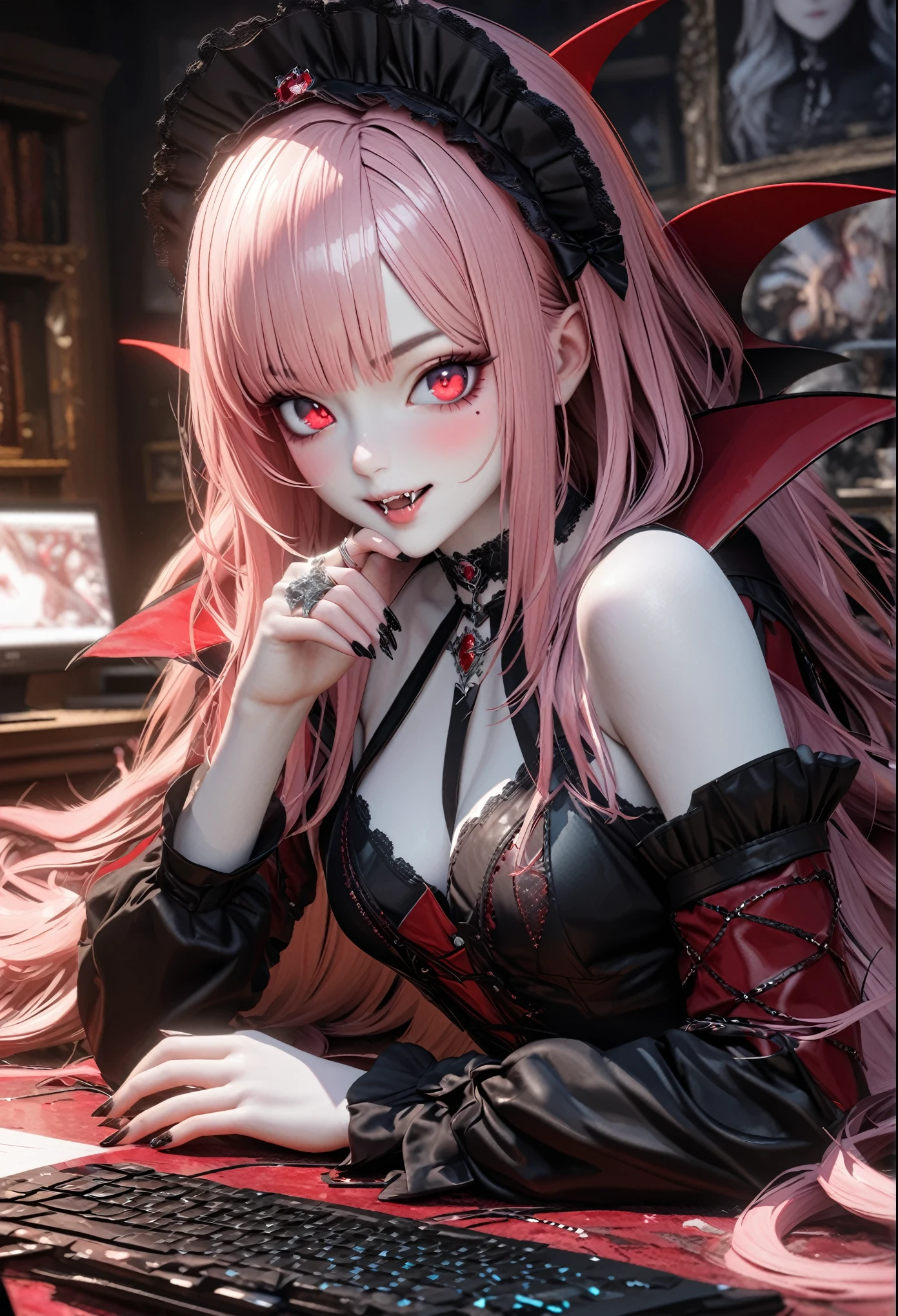 She has pink hair and bangs, a ring on her finger, white skin, sharp eyes, dark makeup, long acrylic nails painted in silver, an intricate ring on her finger, and fangs on her mouth. She's a very cute goth anime girl wearing a vampire costume. She exudes sophistication and coolness. Vampire mansion and spider web in the background in hyper-realistic style. fashion style, mysterious smile, --ar 3:4 --niji 6 --style raw --s 1000 masterpieces, high quality, very detailed, high resolution, high resolution, high resolution, 4K, 8k, Unity 8k Wallpaper, Highly Detailed CG, Masterpiece, Realistic, 2D, 3D, Beautiful Details, Depth, Fine Texture , Best Quality: 1.3, Fully Focused, Crispy Skin, He,
, vampire costume, pink medium-long hair wearing high , one girl , alone , pink medium-long hair , vampire , computer , disk , mole under his eye , looking at his viewer , high , blush , mole , lips parted headdress, his art, red eyes, choker