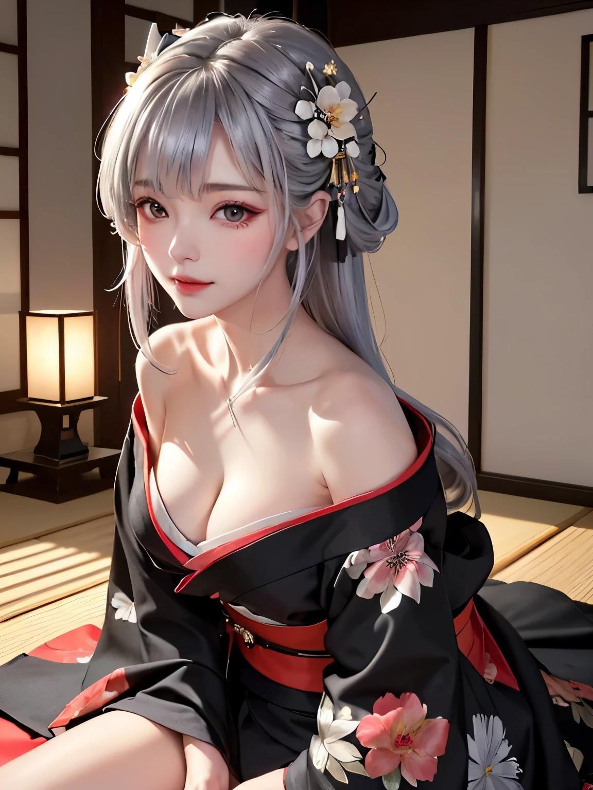((alone、A woman wearing a kimono with a flower pattern loosely、Woman posing elegantly while sitting:1.4、Detailed face、Bright expression、Younger, brighter, whiter skin、Best Looks、The ultimate beauty、Silver hair with dazzling highlights、Shiny bright hair,、arranged hairstyle:1.2、hair dancing in the wind))(Inside an old house in Japan、night、Indirect lighting creates a mood)((Off-the-shoulder style、Exposing shoulders、Expose the neck、Exposing cleavage:1.2))The sleeves of the kimono are connected((Black kimono with floral pattern and red obi:1.3)With kissel