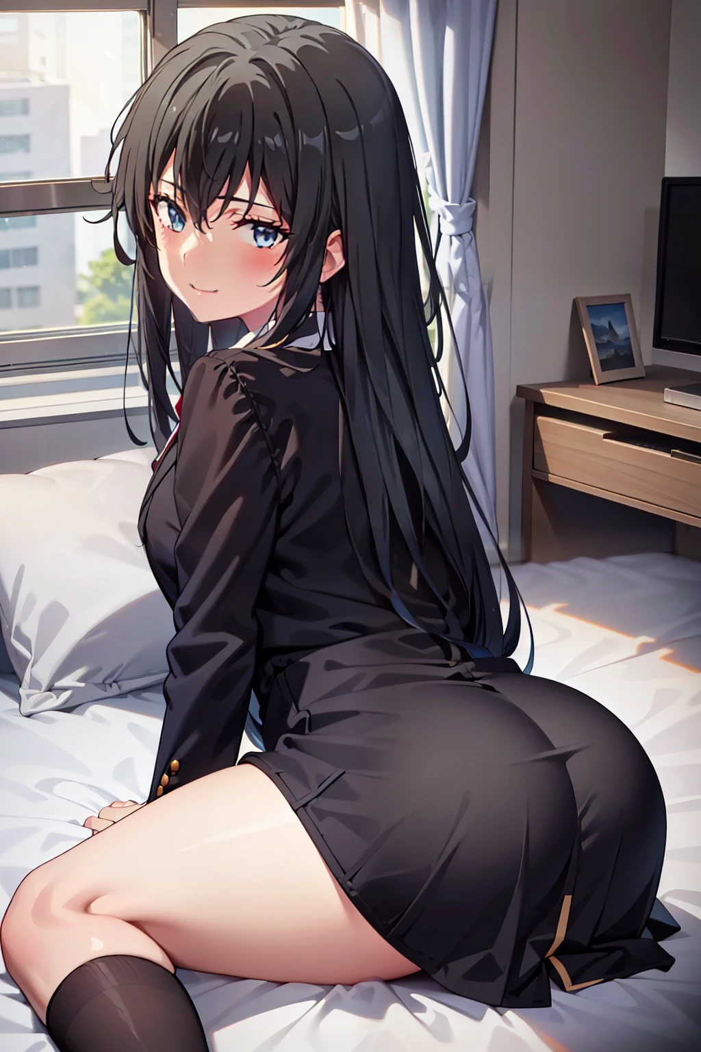 8K Photograph, FULL HDR,1girl, Yukinoshita Yukino, Thicc ass,((LAYING DOWN ON BED SHOWING ASS)), long hair , looking at the camera, wearing tight Chinese clothes, smile, black coat