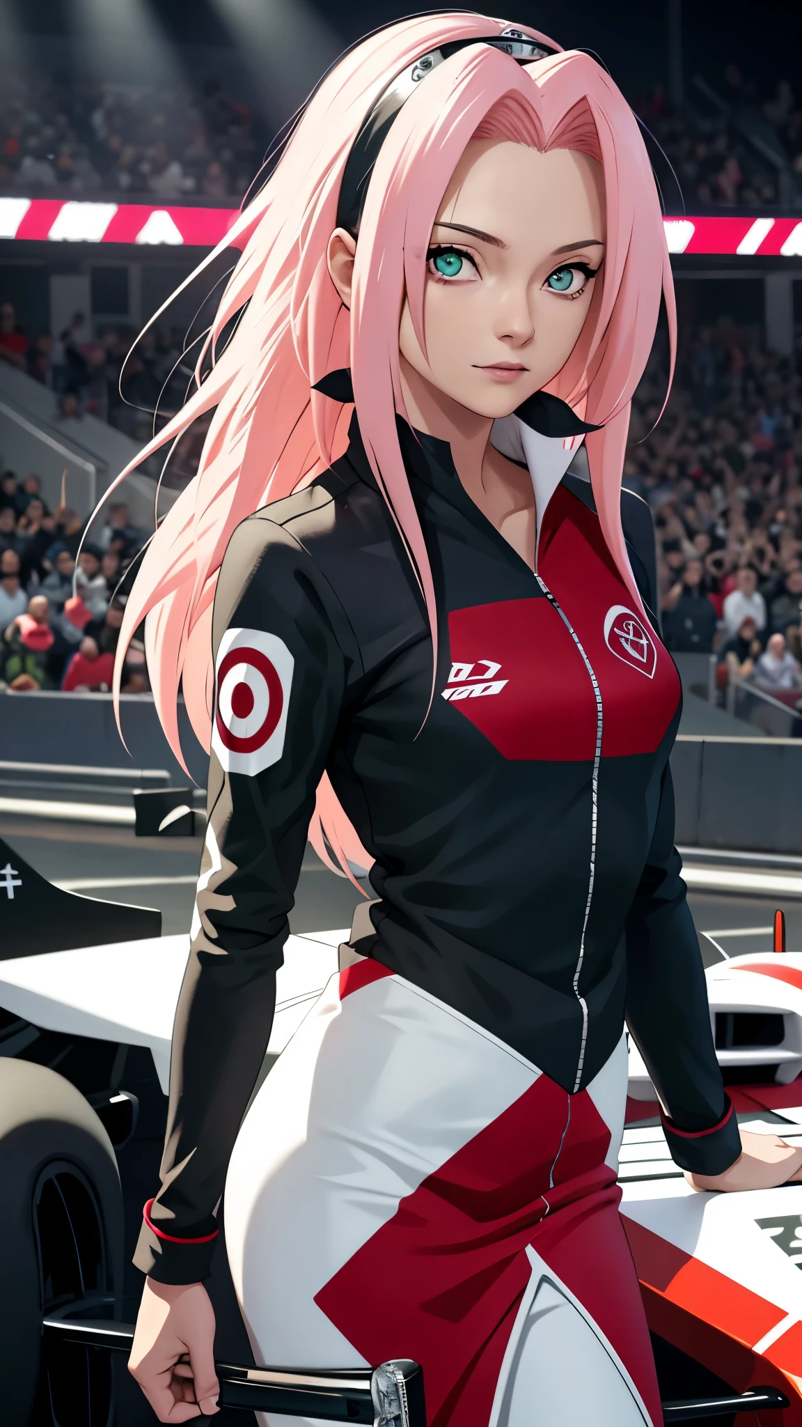 tmasterpiece, Best quality at best, 1girll, Sakura Haruno,Raised sexy,is shy,ssmile,with pink hair, long whitr hair, (Green eyeballs:1.4), Forehead protection, Pole Position, anime style, standing beside car, bright colors, dynamic lighting, shiny finish, attention to detail, full silver and line f1 car, full dark black driver suit with three pointed star logo, exciting atmosphere, vivid expressions
