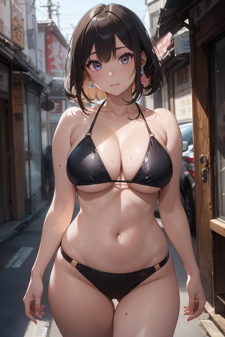extremely detailed CG, super detailed skin, perfect anatomy, dynamic lighting, beautiful detailed eyes、looking straight、Ultra HD、highest quality、Realistic woman、dark persona、Japanese、Japanese Face、45-year-old woman、Married women、Voluptuous body、belly button、Black-haired、length、Glowing Skin、Oily skin、High gloss skin、Huge breasts、Shining bikini、Standing facing the front、Very pretty background、Arms behind back、Synthetic Leather Bikini、photograph、(Glowing Skin、Oily skin、Glowing Skin、High gloss skin:1.4)、