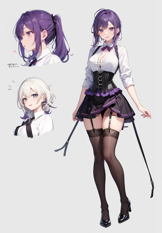 Purple hair,Shortcuts,Adult female,Bartender,((Body harness)),((Rolling up your sleeves shirt)),(Corset),(Tight skirt),((Garter belt)),(Heal),((Simple background)),Smile,((Full body)),((whole body)),Character Sheet,