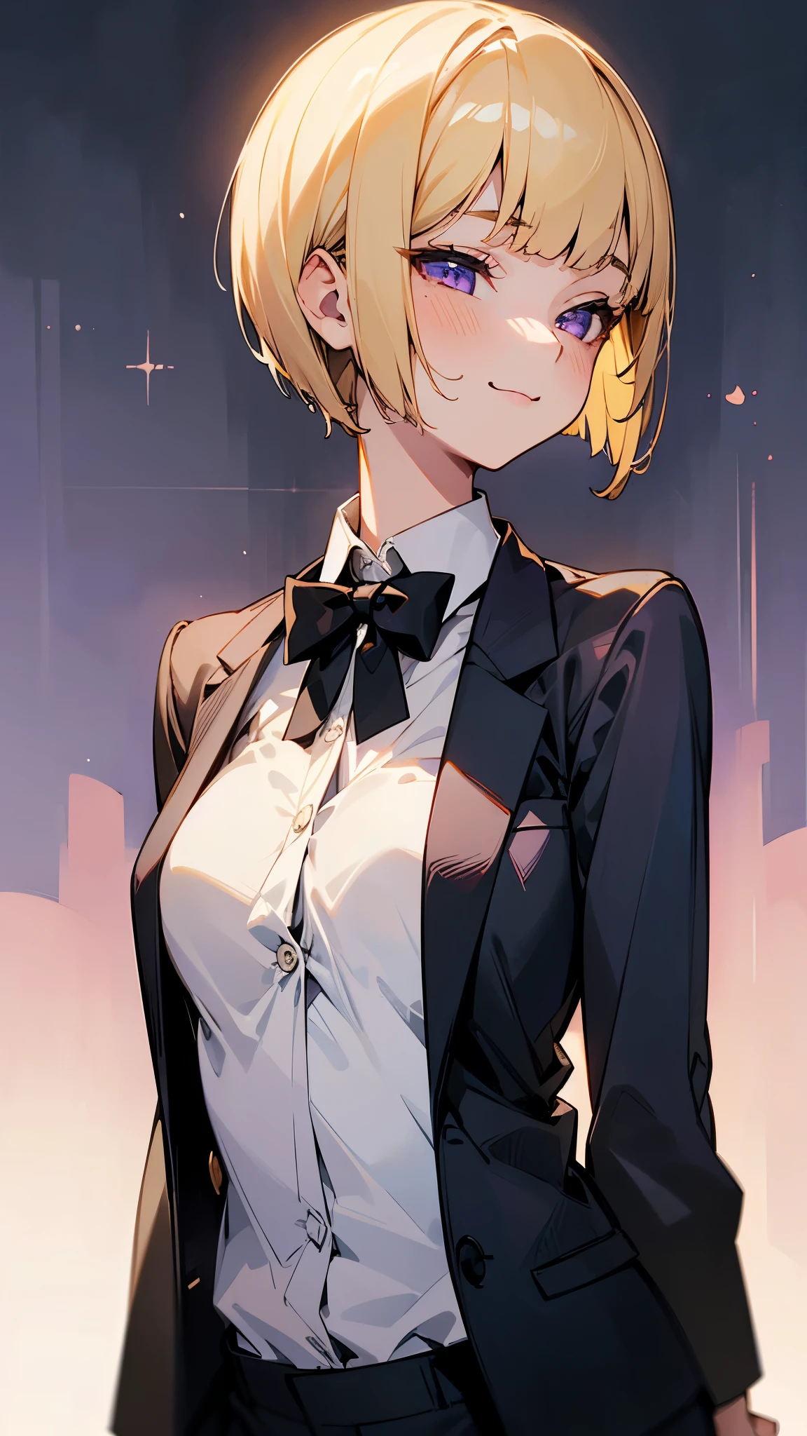 1 girl、solo、(blonde)、short hair、Bobcut、Blunt bangs、Beautiful purple eyes、A calm face、Mouth closed、Cheeky Smile、profile、Slender body、Upper body close-up、White shirt、Black work trousers、Black Fitted Blazer、Park in the background、sunset、Soft lighting.