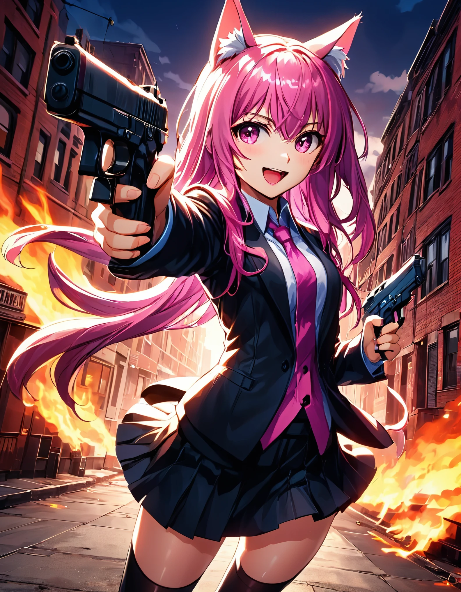 (better lighting, alto contraste, Sharp details), (a person:1.2+female) gasai_yuno,laughing,blush, gangster, Traje negro y corbata, Camisa blanca, falda negros, zapatos negros pulidos, de pie, dynamic action pose, sosteniendo dos pistolas, Beretta 92, fogonazo, casquillos de bala, humo de pistola, agujeros de bala, apuntando al espectador, pelo rosa largo, pelo rosa, cabello largo, cabello arreglado, orejas de gato, 28 years, intense action, Brooklyn, high end apartment backdrop, vivid colors, high saturation, dramatic shadows.