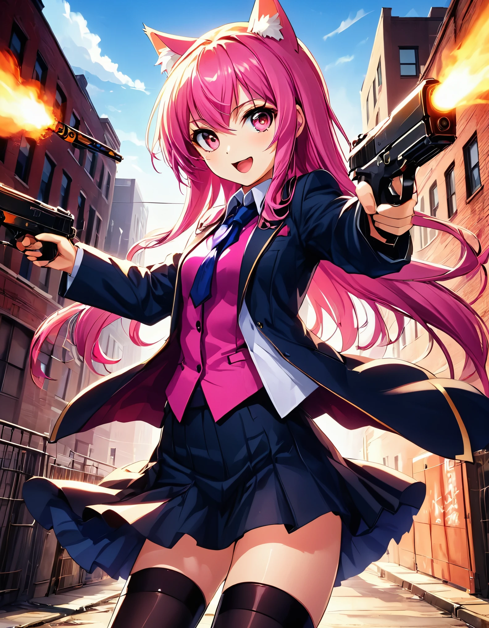 (better lighting, alto contraste, Sharp details), (a person:1.2+female) gasai_yuno,laughing,blush, gangster, Traje negro y corbata, Camisa blanca, falda negros, zapatos negros pulidos, de pie, dynamic action pose, sosteniendo dos pistolas, Beretta 92, fogonazo, casquillos de bala, humo de pistola, agujeros de bala, apuntando al espectador, pelo rosa largo, pelo rosa, cabello largo, cabello arreglado, orejas de gato, 28 years, intense action, Brooklyn, high end apartment backdrop, vivid colors, high saturation, dramatic shadows.