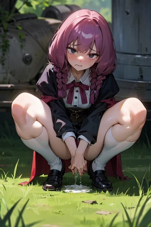 (masterpiece, highest quality), Intricate details, One girl, Squat, Embarrassing, anger, Glare, Blushing,incontinence,Thin yellow liquid spurting out from under her legs,A thin yellow puddle at my feet,In the grass,Black stains on underwear,Urinating,Wearing shoes,Alley,Peeing,Thin yellow liquid dripping from the crotch ,Place hands on crotch