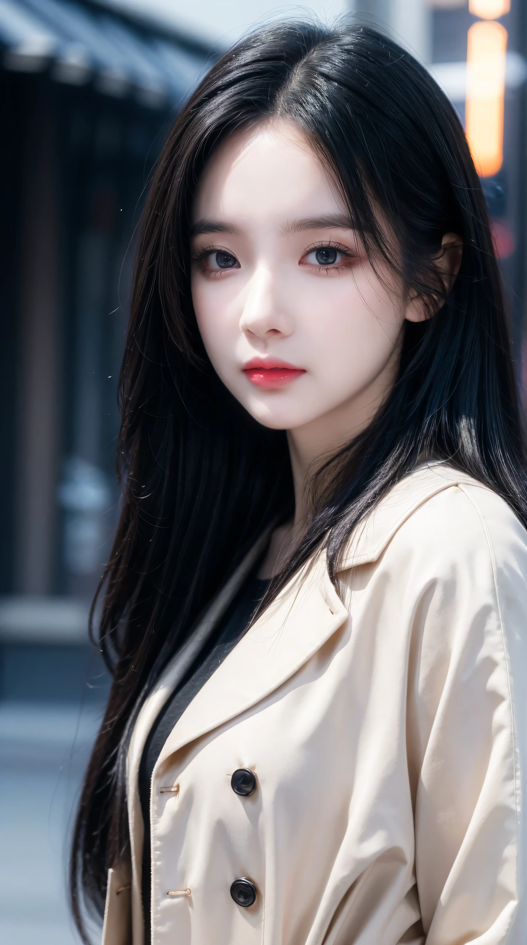 beautiful girl,With realistic dark eyes, Pale skin, Medium-long black hair, Perfect face, Perfect eyes, wearing a coat, Very detailed, Comprehensive movies, number, 8k, Movie Lighting, best quality, high resolution, detailed work, Post-Processing, perfect result, Surrealism