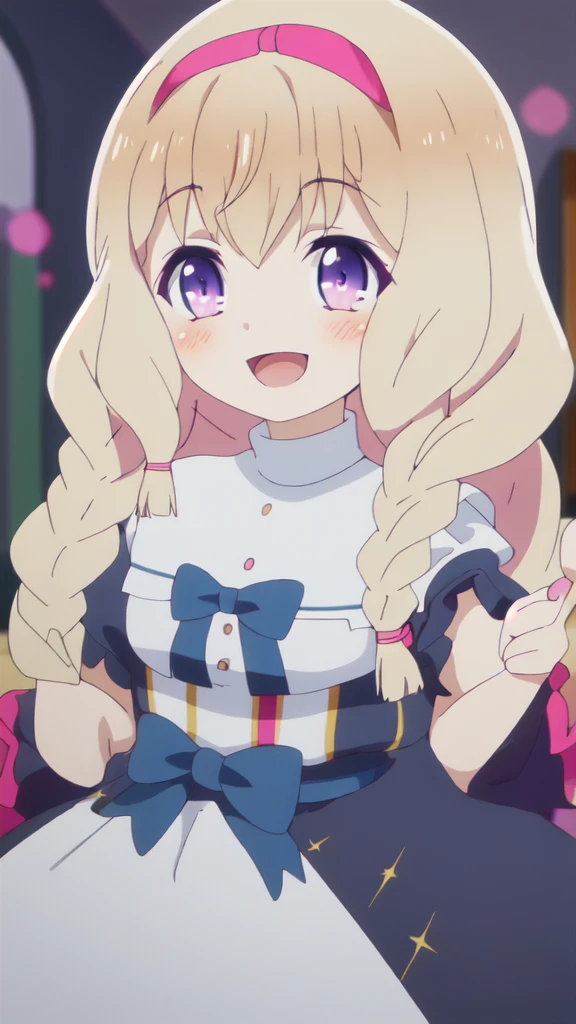 best quality, masterpiece, highres, solo, {noire_foschurose_kumakumakumabear:1.15}, blonde_hair, long_hair, braid, bow, hair_bow, bangs, twin_braids, purple_eyes, smile, blush, open_mouth, 1girl, parody, dress, hairband