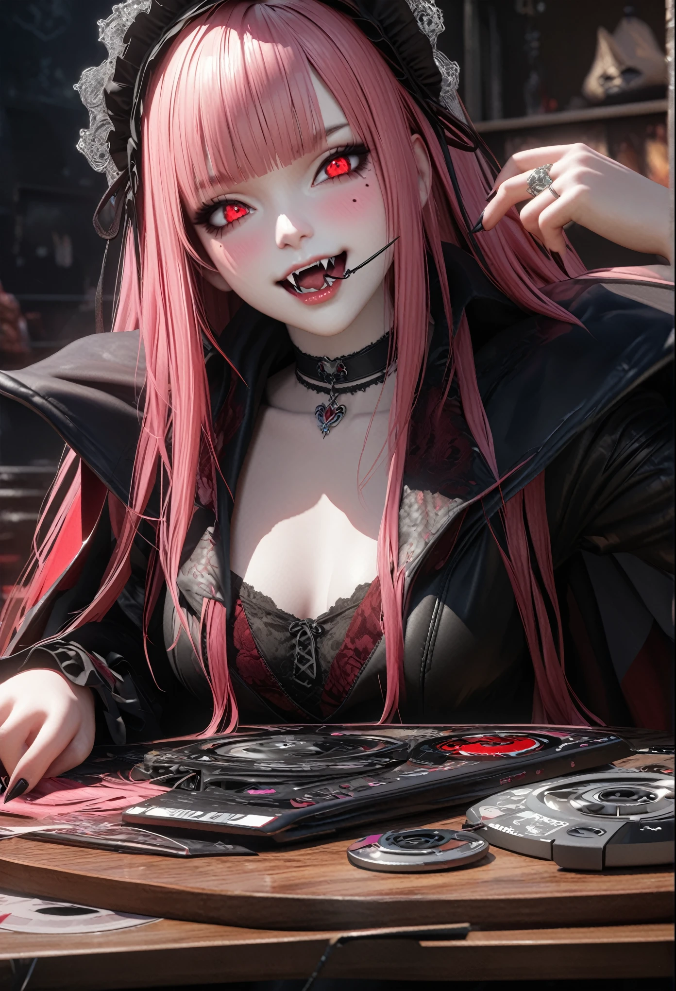 She has pink hair and bangs, a ring on her finger, white skin, sharp eyes, dark makeup, long acrylic nails painted in silver, an intricate ring on her finger, and fangs on her mouth. She's a very cute goth anime girl wearing a vampire costume. She exudes sophistication and coolness. Vampire mansion and spider web in the background in hyper-realistic style. fashion style, mysterious smile, --ar 3:4 --niji 6 --style raw --s 1000 masterpieces, high quality, very detailed, high resolution, high resolution, high resolution, 4K, 8k, Unity 8k Wallpaper, Highly Detailed CG, Masterpiece, Realistic, 2D, 3D, Beautiful Details, Depth, Fine Texture , Best Quality: 1.3, Fully Focused, Crispy Skin, He,
, vampire costume, pink medium-long hair wearing high , one girl , alone , pink medium-long hair , vampire , computer , disk , mole under his eye , looking at his viewer , high , blush , mole , lips parted headdress, his art, red eyes, choker
