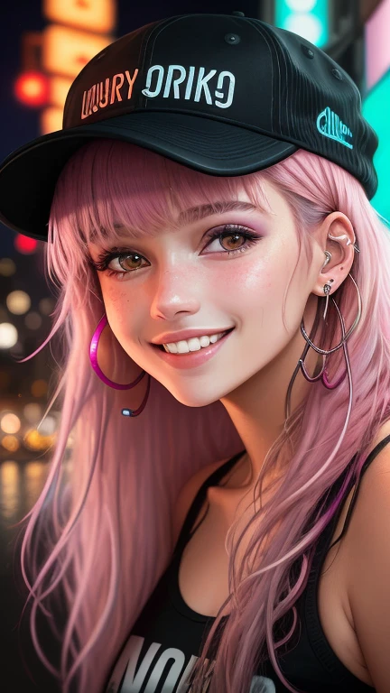 Create a masterpiece of highest quality and ultra-high resolution, showcasing a close-up portrait of a 20-year-old girl with a big, passionate smile that lights up her neon city at night surroundings. Her teeth gleam brightly, and she wears wireless earphones and a nose piercing that add an edgy touch to her appearance. With realistic details, imagine her messy pink hair cascading down her shoulders, framing her expressive, neon-lit eyes. Her chestnut cap complements her short bangs, making for a striking, high-fashion image. The intricately textured and lifelike rendering of RAW photos emphasizes her realistic features and the