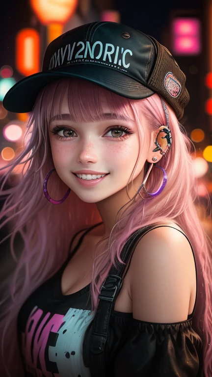 Create a masterpiece of highest quality and ultra-high resolution, showcasing a close-up portrait of a 20-year-old girl with a big, passionate smile that lights up her neon city at night surroundings. Her teeth gleam brightly, and she wears wireless earphones and a nose piercing that add an edgy touch to her appearance. With realistic details, imagine her messy pink hair cascading down her shoulders, framing her expressive, neon-lit eyes. Her chestnut cap complements her short bangs, making for a striking, high-fashion image. The intricately textured and lifelike rendering of RAW photos emphasizes her realistic features and the