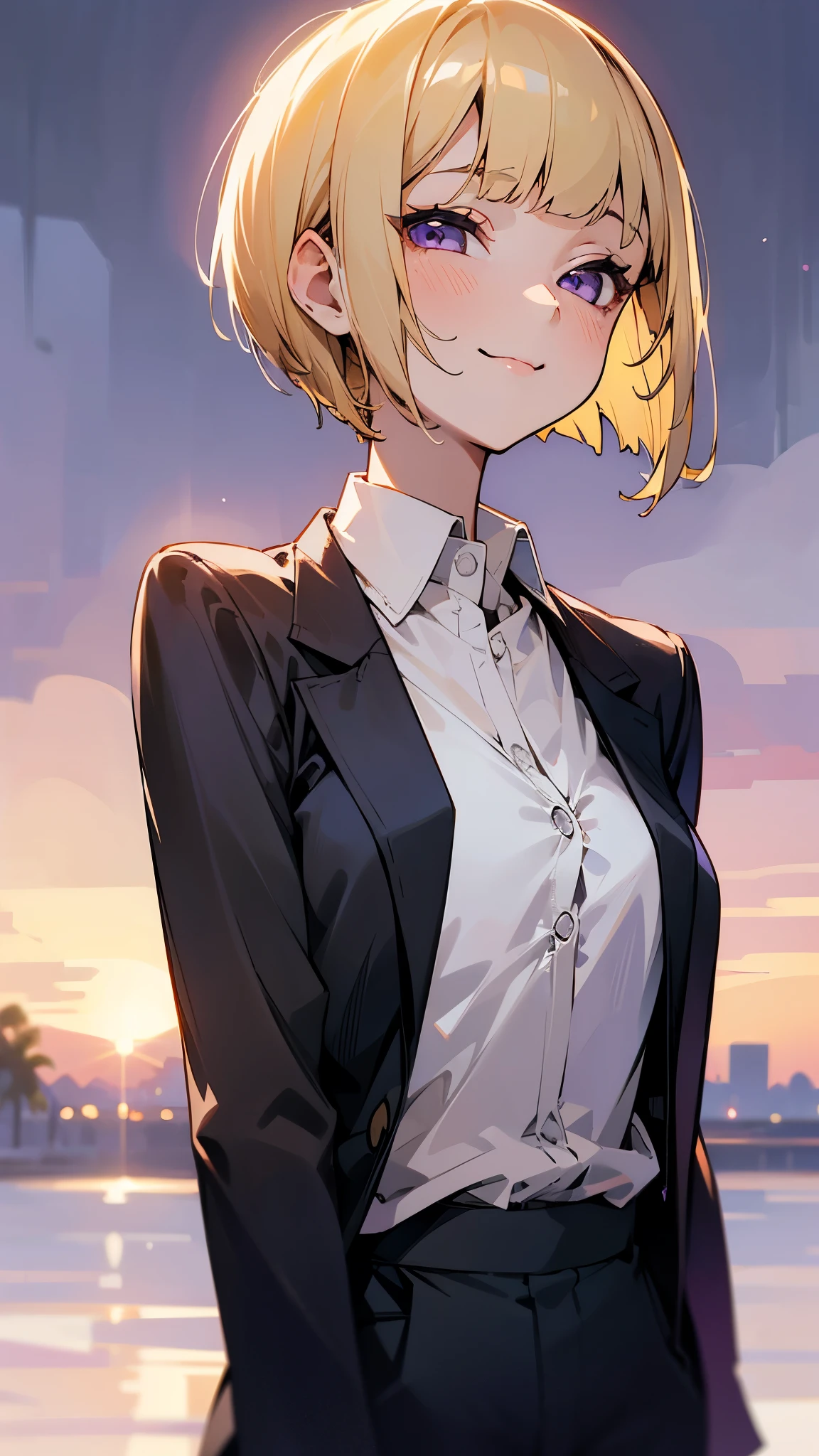 1 girl、solo、(blonde)、short hair、Bobcut、Blunt bangs、Beautiful purple eyes、A calm face、Mouth closed、Cheeky Smile、From the side、Slender body、Upper body close-up、White shirt、Black work trousers、Black Fitted Blazer、Park in the background、sunset、Soft lighting.