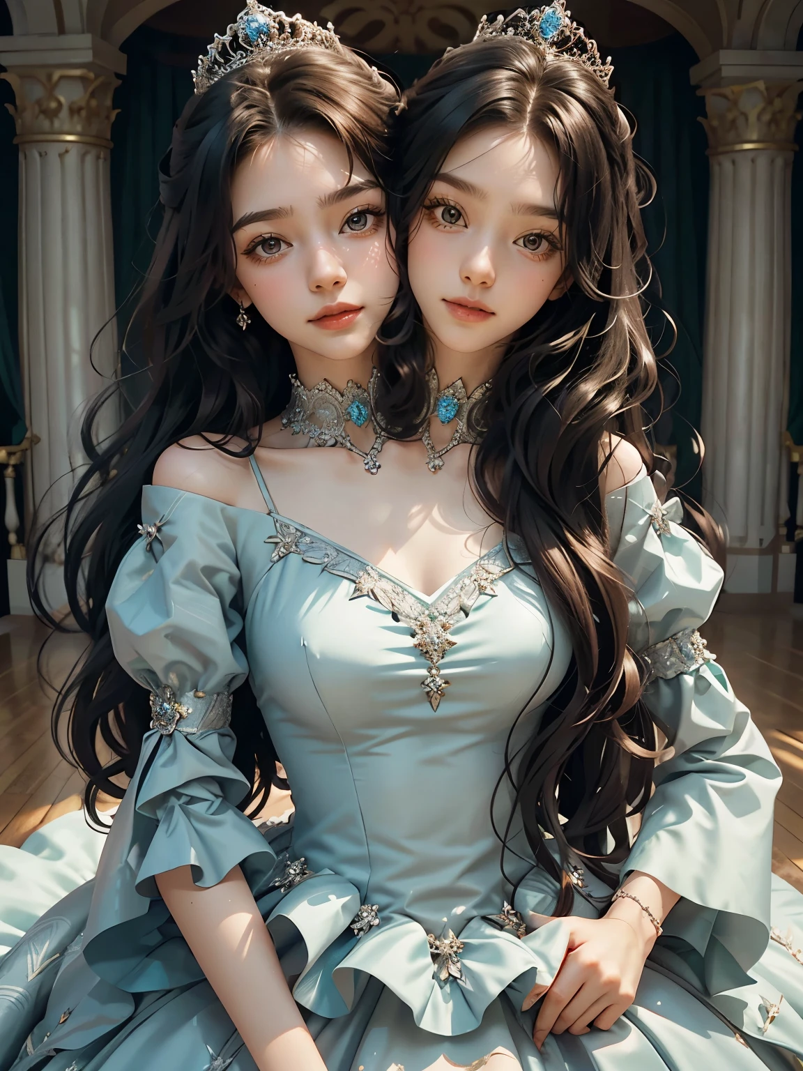 bestresolution, (2heads:1.2), princesses, tiaras on head, ballgown, princess dress, large dress, in a ballroom, large hair, extremely long hair, head in wind