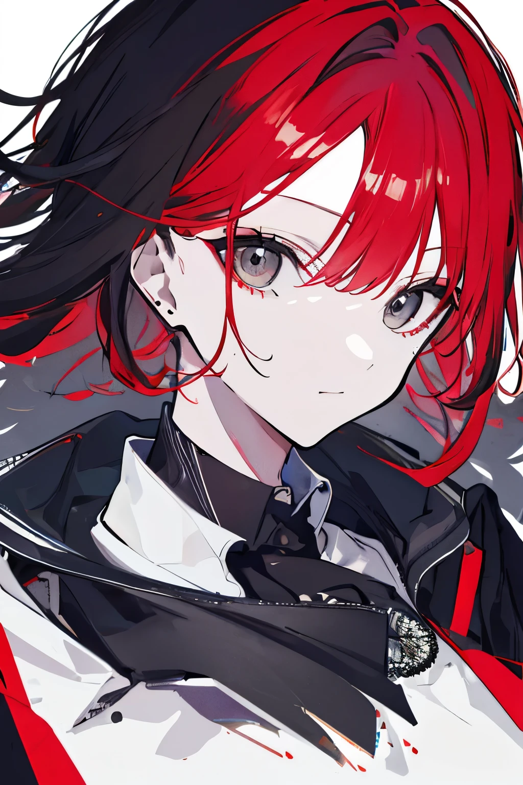 ((highest quality)), ((masterpiece)), (detailed), Perfect Face、Black suit、Black hair girl、Red hair tip
