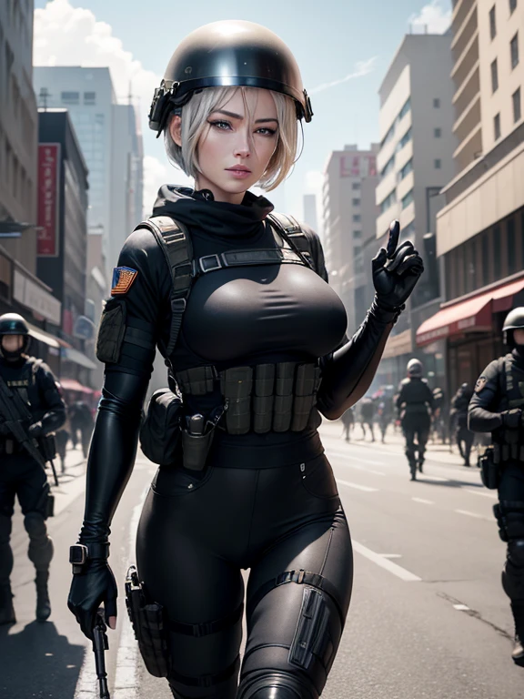 4k, best quality, RAW photo of Doutzen Kroes, 50 years old, mature woman, artwork, best quality, (photorealistic:1.4), Beautiful woman, medium breasts, Platinum hair, short bob (short haircut:1.2) , smile, Wrinkles on face, Special forces uniforms、Black tactical vest、Black military pants、Black combat gloves、Backpack、Black military t-shirt、SWAT helmet, Detailed facial and chest representations、Detailed hand representation、combat pose 、dynamic action、on the city street、white smoke、watching spectators