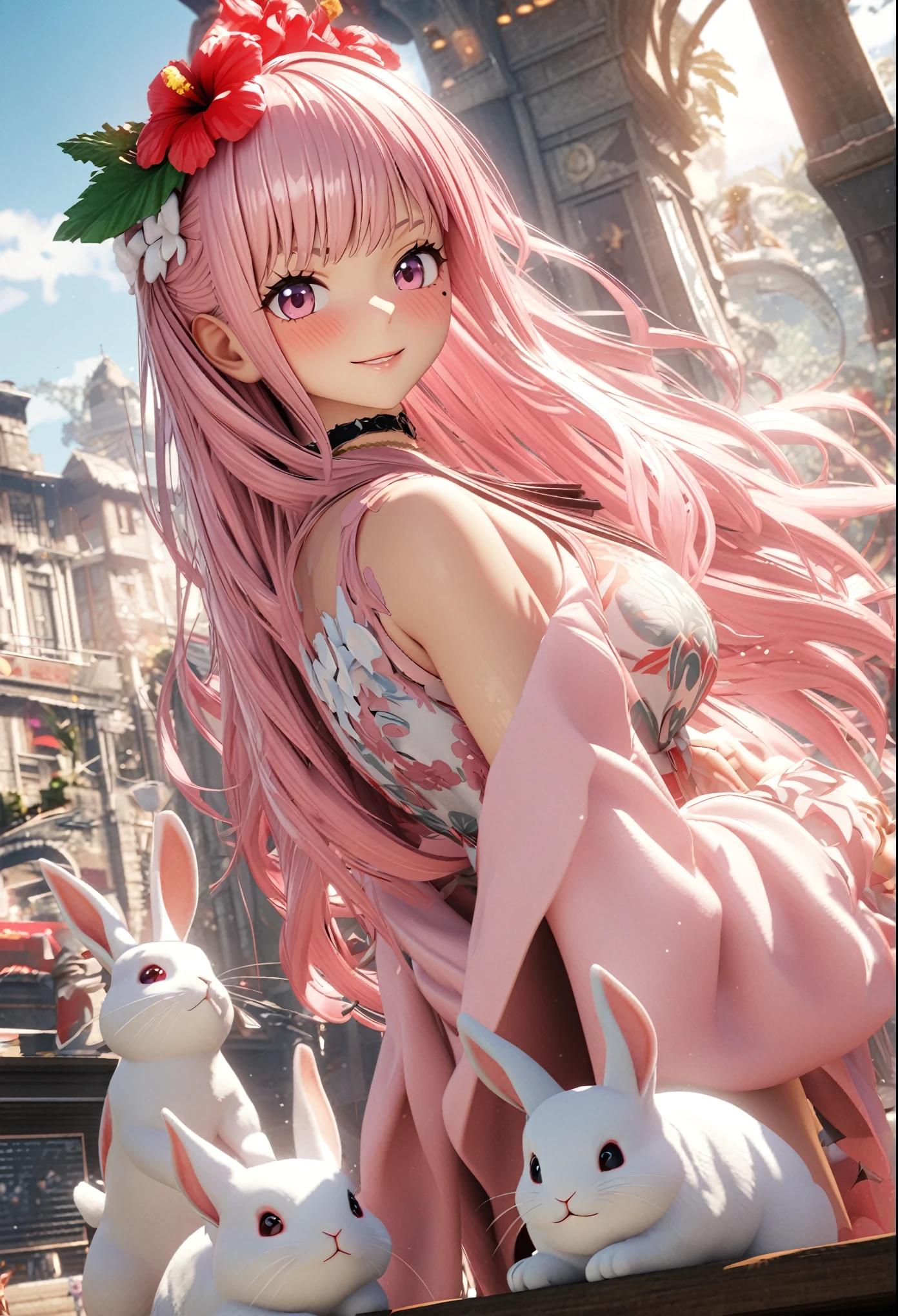 masterpiece, highest quality, Very detailed, High resolution, An expensive solution, High resolution, 4K, 8k, unity 8k wallpaper, Very detailed CG, masterpiece, 2D, 3D, Beautiful details, depth, Fine texture, highest quality: 1.3, Total concentration, Crisp skin, he, Very cute anime rabbit, A cute rabbit like an idol, expensive pink long hair, One Girl, Aloha One Piece, morning, morning食, hibiscus hair accessory, Smiling long pink hair, whole body, Mole under the eye, Line Sight, expensive, blush, Lips parted, heart, Pink Eyes, choker