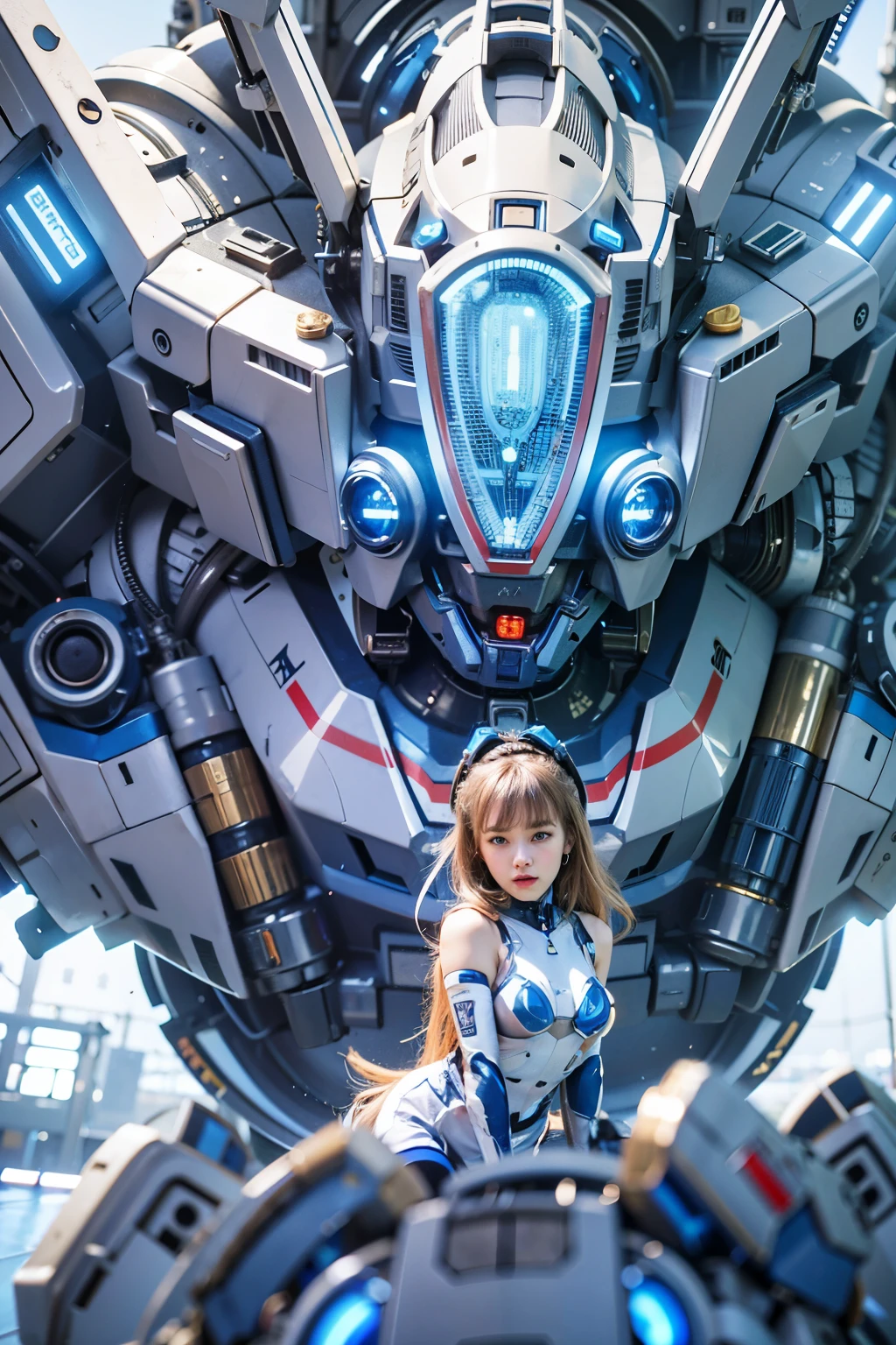 Wide-angle shot, 1 Female, Mecha, Sparkling blue eyes, Very cute face, (photorealistic:1.37), バイオMechaニカル, Complex robot, Bokeh spaceship interior background, Ultra-realistic, Super detailed, Extremely intricate details, Beautiful woman in sharp focus