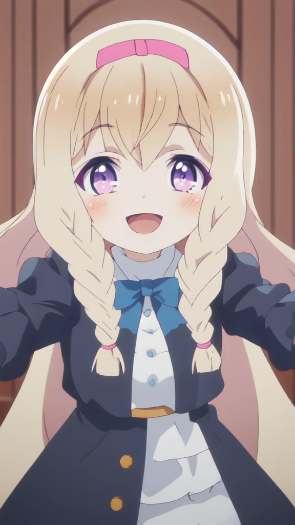 best quality, masterpiece, highres, solo, {noire_foschurose_kumakumakumabear:1.15}, blonde_hair, long_hair, braid, bow, hair_bow, bangs, twin_braids, purple_eyes, smile, blush, open_mouth, 1girl, parody, dress, hairband