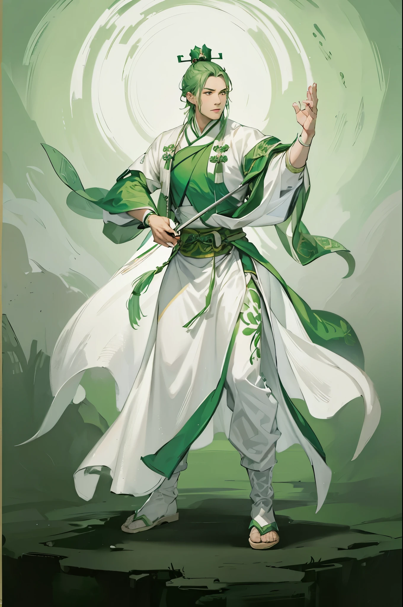 male,Military division,Jia Xu,Whisk,Green-patterned white robe,White clothes with green trim,Green Hair,Three Kingdoms,Tai Chi,Gray background,White background
