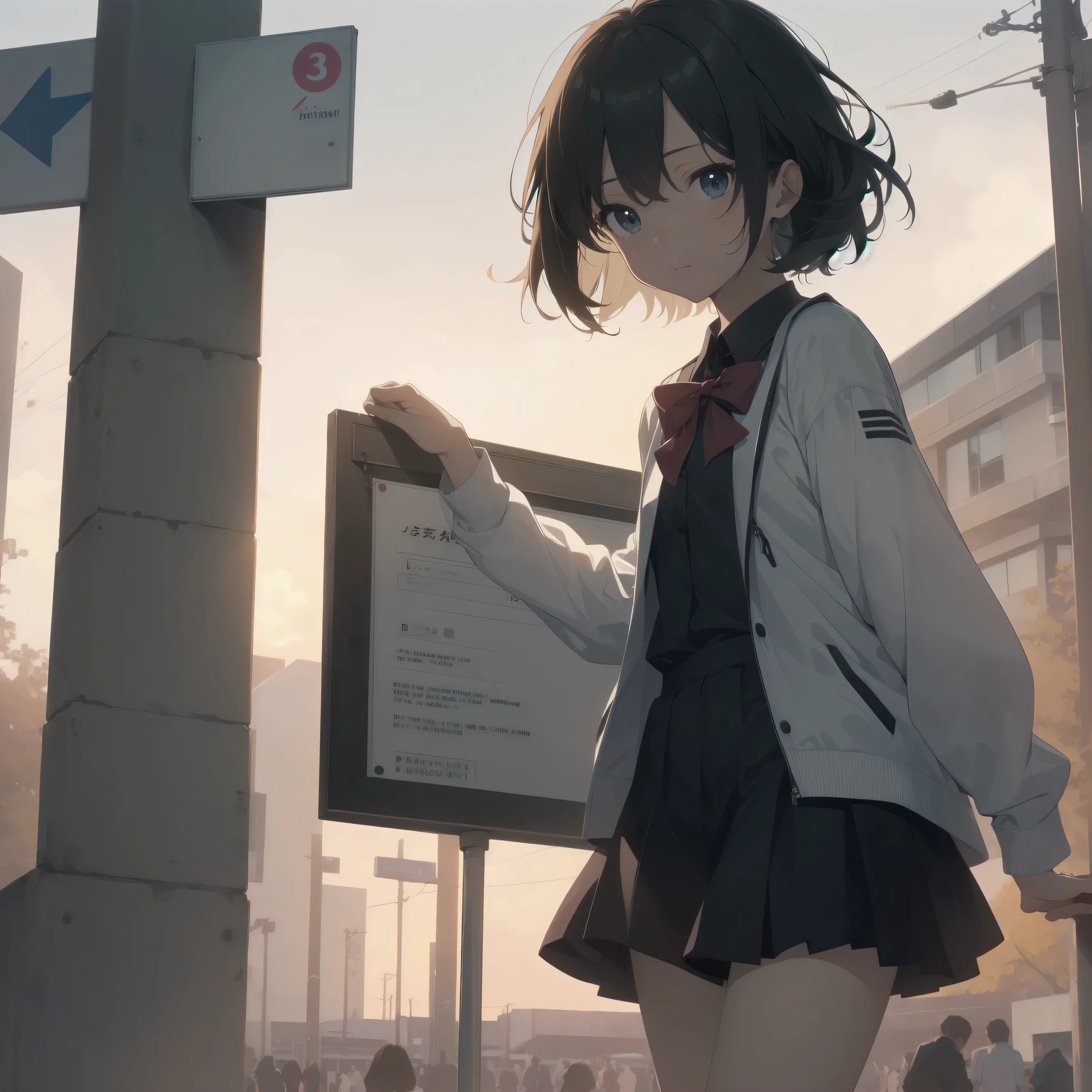 ultra-absurdres-Top quality by artist God, ultra-detailed, high resolution, anime moe artstyle, best anime 8k konachan wallpaper, pixiv contest winner, pool:2810, perfect anatomy,break, 1girl, (Please draw a girl walking sleepily to school alone. )break,(Solo,little female, 13-year-old:1.3),Full limbs, complete fingers,a junior high school student, (very short hair), short cut, flat chest, , small butt, small black eyes, beautiful detailed eyes, well-proportioned iris and pupils, expressive eyes, highres detailed hair, soft expression, school_uniform, bowtie, collared shirt. pleated skirt,(Detailed Lighting), (Detailed background), in the School commute route. break,super detailed skin, Best cinematic lighting powered by famous artist, 8k,beauty illustration,photoshop_(medium),very aesthetic,break,((artist:luicent )), artist:bolze ,artist:oyari ashito ,artist:kantoku ,