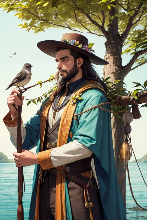 A male mutant tree with foliage hair and beard and dark wood skin.Ele possui orelhas pontudas e carrega frutos,flowers and birds in its branches.
He wears a wild-style outfit made of leaves and petals..He wears a royal victory hat.lives close to water.