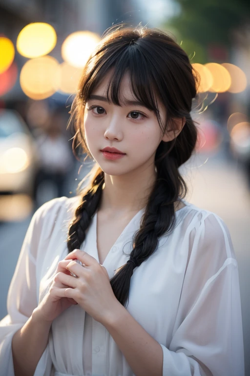 best quality, Reality, 1 Girl, Miss,(Dentate skin), Mid-chest, (bright), (Professional lighting, Bokeh), (street), people, crowd, Braided Bangs, (Women's shirts:1.5), (Wear:0.8), Gorgeous, Bloom, Flowing hair, (Dynamic poses:0.6) , soft light,full-body shot