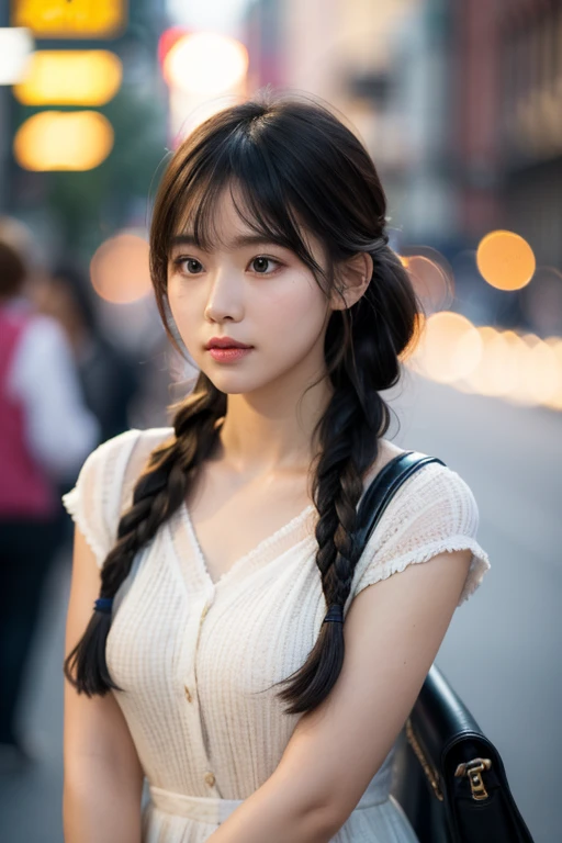 1 girl , big long hair, Bun hairstyle, Upper Body, Close-up photo, facing the camera, D cup breasts, There is a round protrusion on the chest, angry, Gathering Qi in the mouth,  rain , Street View.