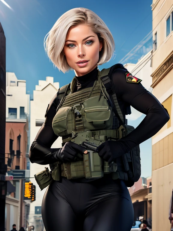 4k, best quality, RAW photo of Doutzen Kroes, 50 years old, mature woman, artwork, best quality, (photorealistic:1.4), Beautiful woman, medium breasts, Platinum hair, short bob (short haircut:1.2) , smile, Wrinkles on face, Special forces uniforms、Black tactical vest、Black military pants、Black combat gloves、Backpack、Black military t-shirt、SWAT helmet, Detailed facial and chest representations、Detailed hand representation、combat pose 、dynamic action、on the city street、white smoke、watching spectators