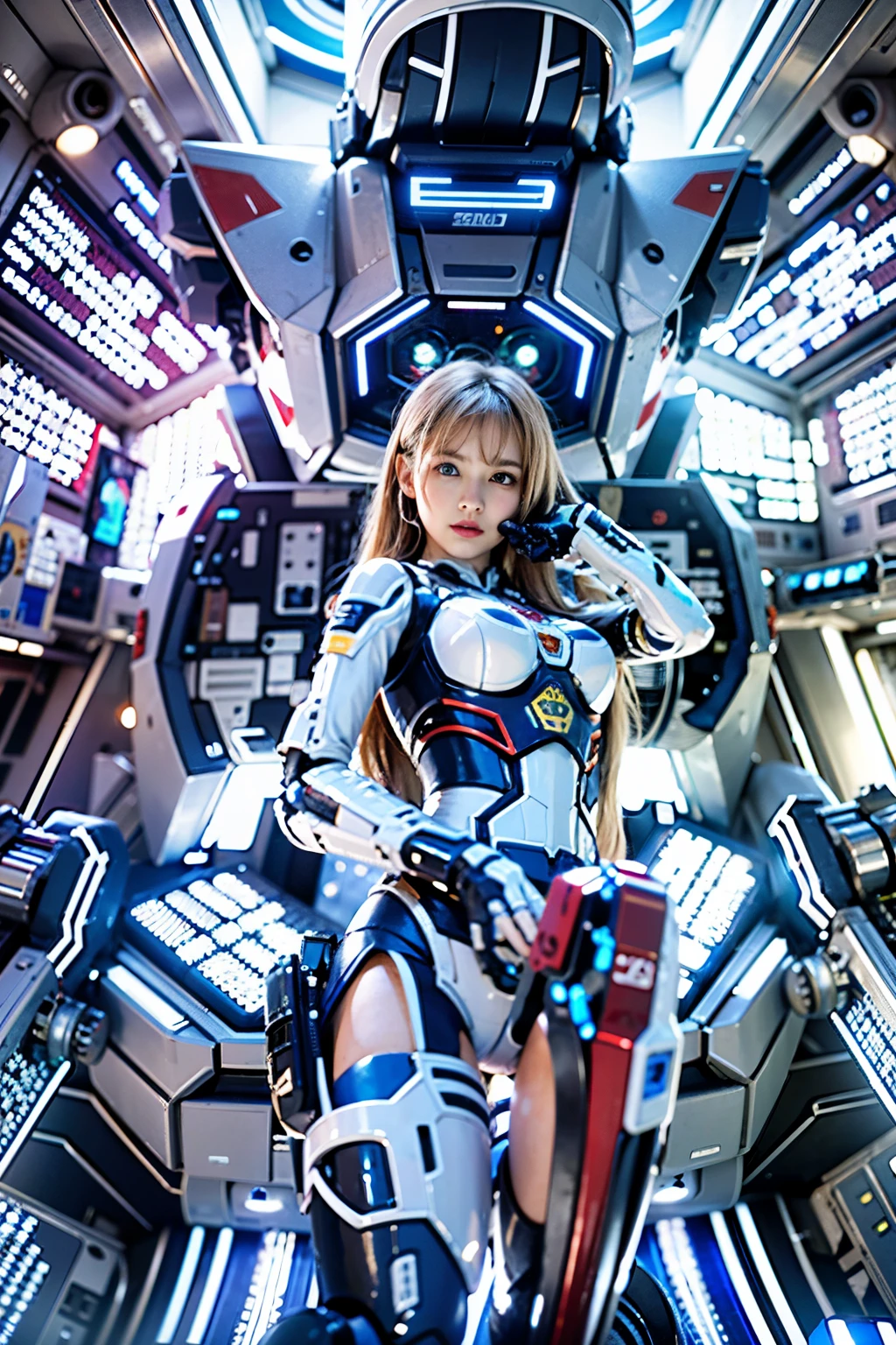 Wide-angle shot, 1 Female, Mecha, Sparkling blue eyes, Very cute face, (photorealistic:1.37), バイオMechaニカル, Complex robot, Bokeh spaceship interior background, Ultra-realistic, Super detailed, Extremely intricate details, Beautiful woman in sharp focus