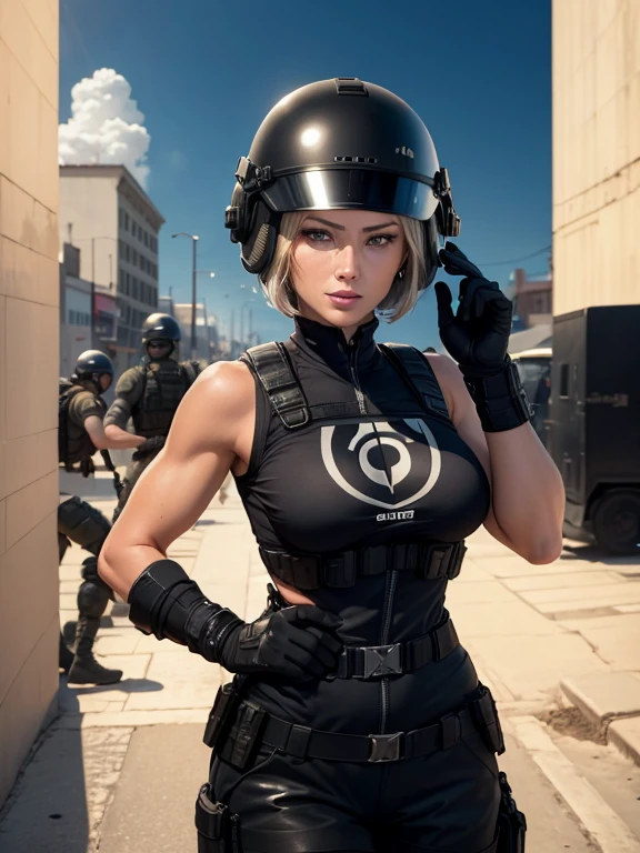 4k, best quality, RAW photo of Doutzen Kroes, 50 years old, mature woman, artwork, best quality, (photorealistic:1.4), Beautiful woman, medium breasts, Platinum hair, short bob (short haircut:1.2) , smile, Wrinkles on face, Special forces uniforms、Black tactical vest、Black military pants、Black combat gloves、Backpack、Black military t-shirt、SWAT helmet, Detailed facial and chest representations、Detailed hand representation、combat pose 、dynamic action、on the city street、white smoke、watching spectators