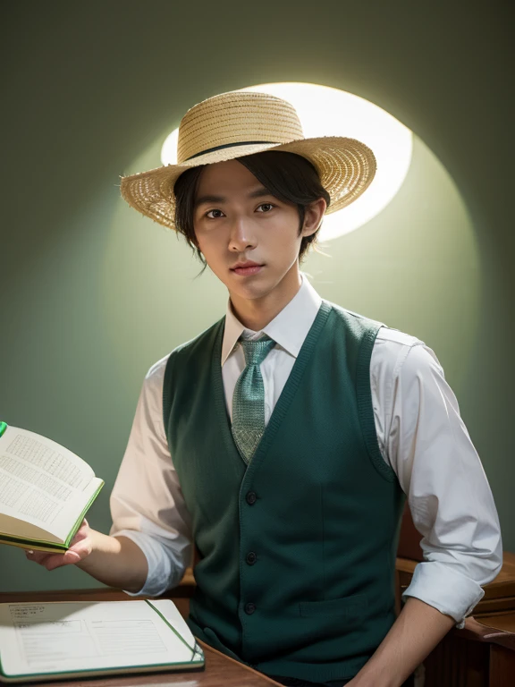Male,coyote,old time bookkeeper,Black vest with white sleeves and blue tie,Green sun hat,reporter,notebook,In the old time office,Green lampshade incandescent lamp