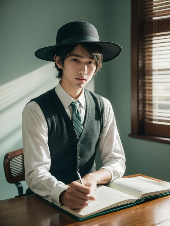 Male,coyote,old time bookkeeper,Black vest with white sleeves and blue tie,Green sun hat,reporter,notebook,In the old time office,Green lampshade incandescent lamp